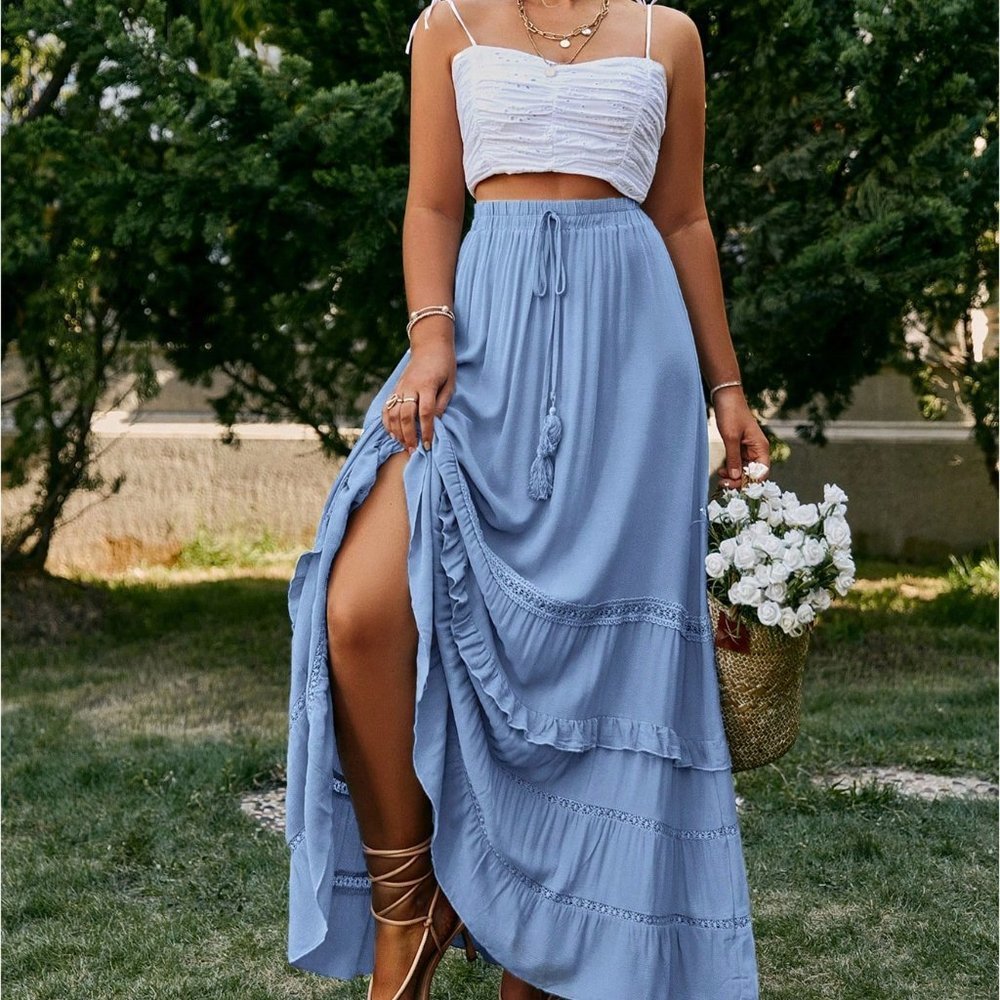Blue Boho Womens Tie Waist Ruffle Hem Skirt